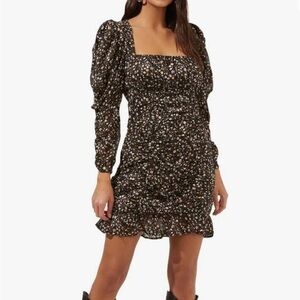 ASTR The Label Black Ditzy Floral Puff Sleeves Ruched Mini Dress, Size Medium